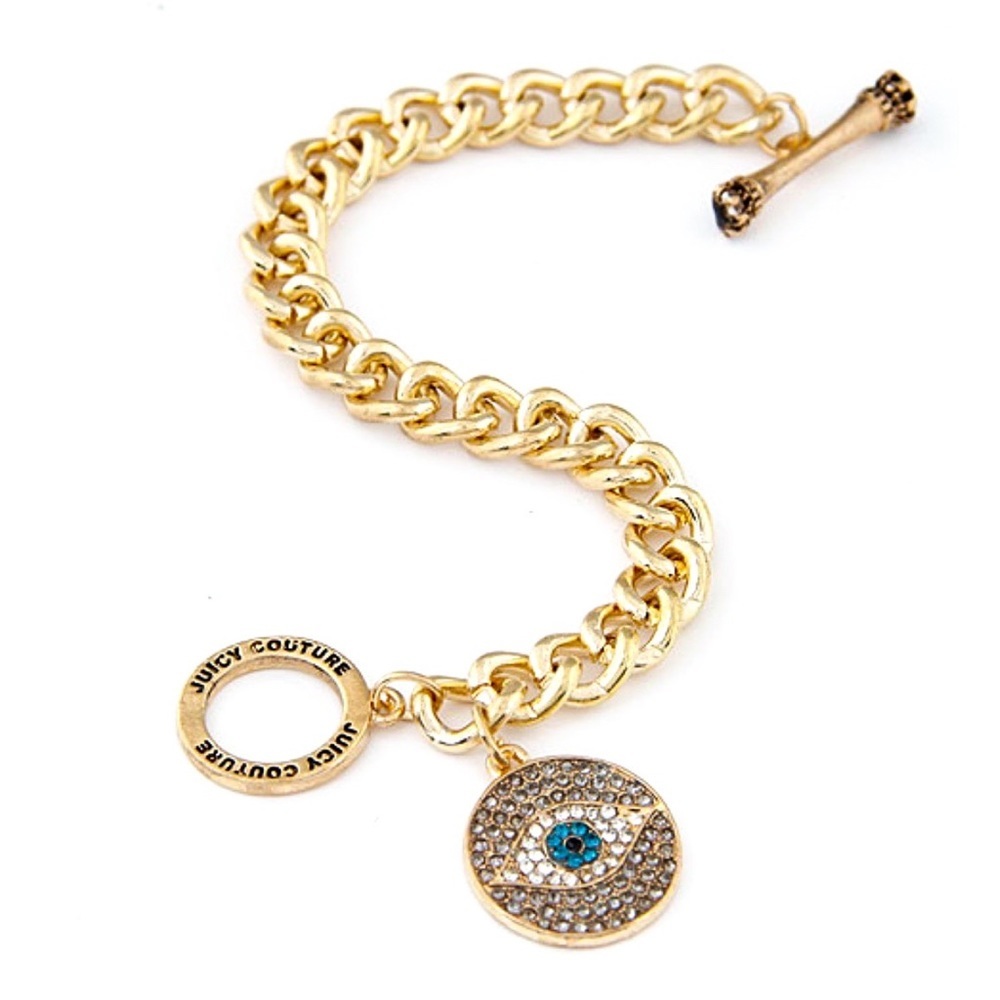 Juicy Couture Gold Chain Crystal Evil Eye Pendant Bracelet NWOT - Picture 5 of 6
